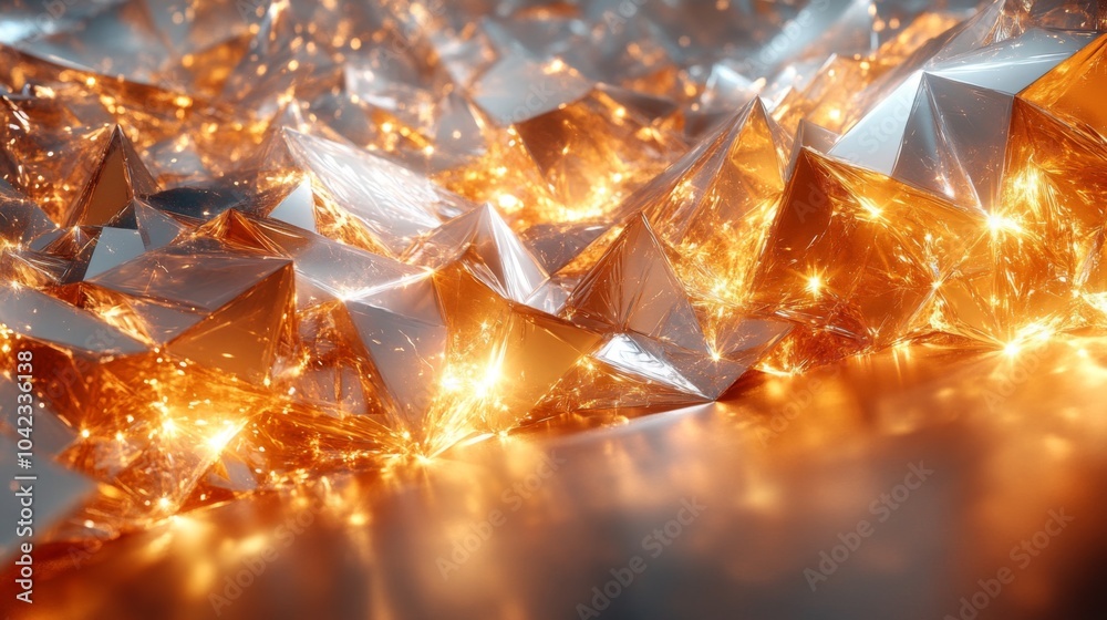 Poster A vibrant array of crystals in shades of silver and gold creates a striking visual effect as light reflects off their surfaces, capturing a dynamic and abstract appearance.