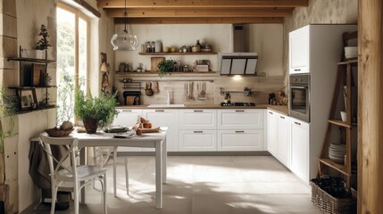 White furniture, a table and two chairs, and wood accents on the walls, ceiling, and backsplash characterize this chic and contemporary kitchen.