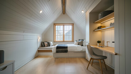Cozy modern bedroom with a large window, minimalist desk, and stylish decor, featuring wooden accents and bright lighting.