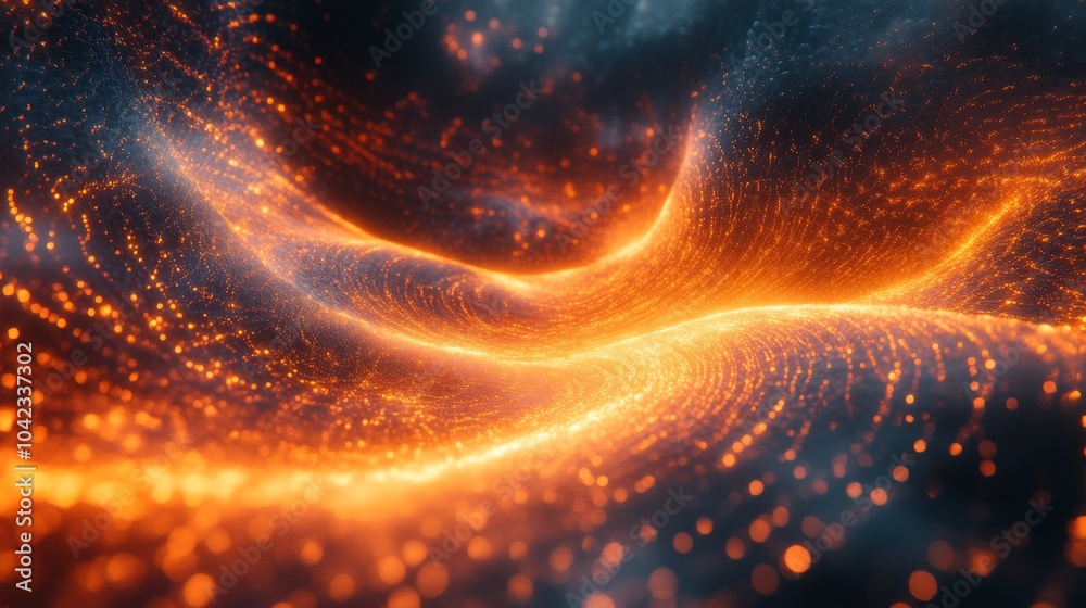 Fototapete A vibrant wave of orange and blue lights flows through a dark background, creating a stunning abstract visualization that captivates the viewer's attention.