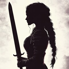 Silhouette of a female warrior holding a sword.