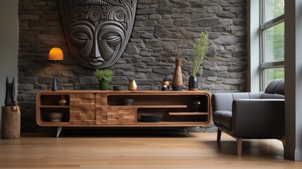 A stunning wooden cabinet featuring carved sculptures, adding a unique artistic touch to a minimalist modern living room.