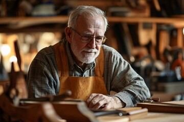 An elderly man participating in woodworking workshops, crafting furniture and decorative items as a creative outlet and for personal satisfaction 1