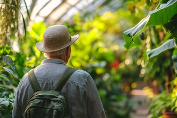 Fototapeta premium An elderly man enjoying morning walks in a nearby botanical garden, observing rare plants and enjoying the therapeutic benefits of nature 2