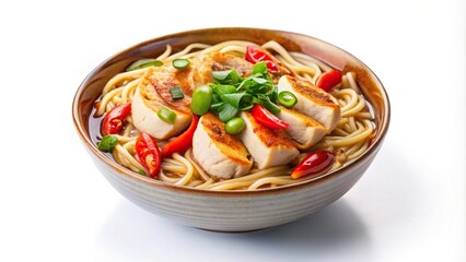 Delicious chicken noodles with sliced chili and sauce in bowl isolated on white background
