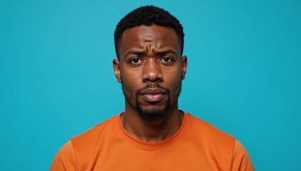 Fototapeta premium Portrait of puzzled African American man in orange top set against vibrant blue backdrop