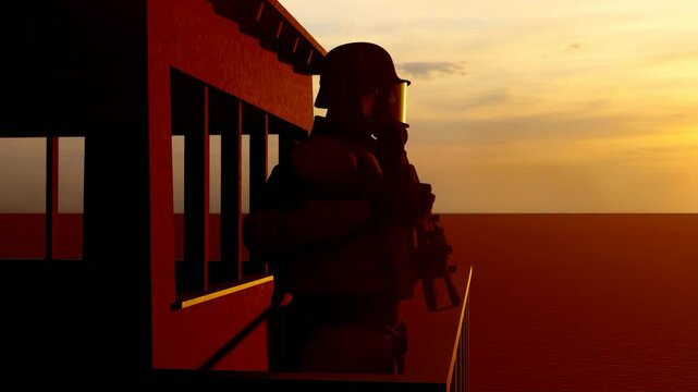 Soldier Watching the Military Watchtower with Sunset View