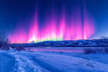 A mesmerizing display of northern lights shining over vast snow-covered plains, with vibrant colors reflecting in the stillness of the winter night.

