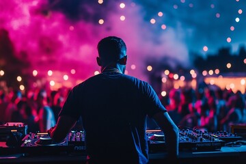 A man DJing at an outdoor electronic music festival, surrounded by a crowd dancing to his vibrant beats under the starry night sky 1