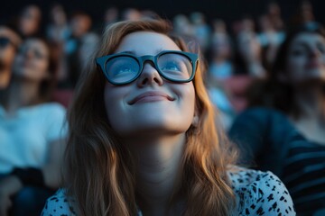 A young woman attending a film festival showcasing indie movies, exploring unique storytelling and innovative filmmaking 4