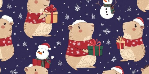 Festive capybaras in winter attire holding gifts and surrounded by snowflakes on a blue background