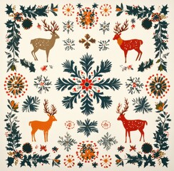Festive Christmas pattern featuring reindeer, snowflakes, and holiday motifs