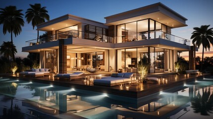 Fototapeta premium A spacious cubic villa with minimalist style, pool, and palms offering a tranquil, modern retreat.