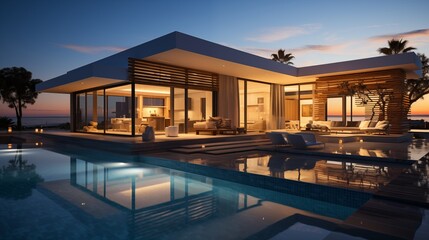 Fototapeta premium Modern minimalist villa exterior with a pool, showcasing stunning architecture at golden sunset.