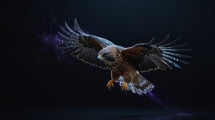 A majestic eagle in flight against a dark background with purple and blue sparkles.