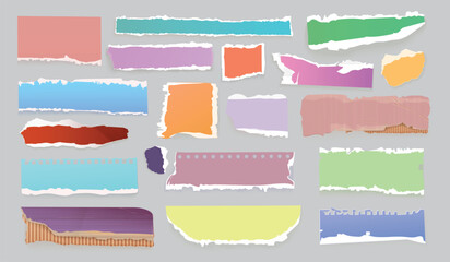 Obraz premium Realistic colorful torn notes. Colourful paper clipping, color scrap grunge uneven edge notebook newspaper ripped note cardboard tear sheet scrapbook page exact vector illustration