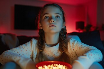 A teenage girl experiencing a thriller movie marathon with siblings, thrilling to suspenseful plot twists and cinematic surprises 1