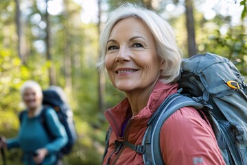 A retired woman joining a local hiking club, exploring scenic trails and enjoying the physical and mental benefits of outdoor exercise 4