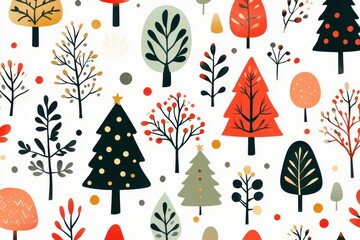 Retro Christmas pattern with stylized trees and festive colors celebrating holiday cheer and nostalgia