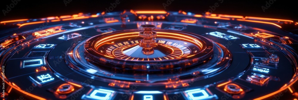 Poster A roulette table features bright neon numbers, creating a lively ambiance during a thrilling game at the casino. Generative AI