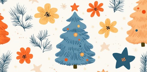 Obraz premium Festive seamless pattern featuring Christmas trees with colorful decorations and floral elements