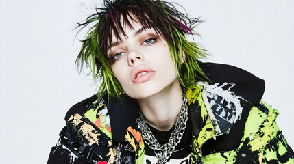 Fototapeta premium Edgy woman with punk hairstyle and neon green hair tips. AI-generated