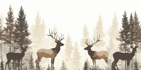 Obraz premium Seamless pattern of deer silhouettes set against a backdrop of majestic pine trees in a forest setting