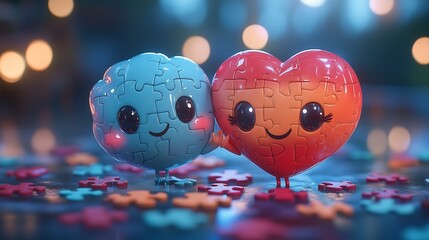 Cute animated heart and brain puzzle pieces symbolizing balance between logic and emotions.