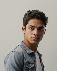 Obraz premium Latin American young man with an athletic build posing confidently against a plain white background