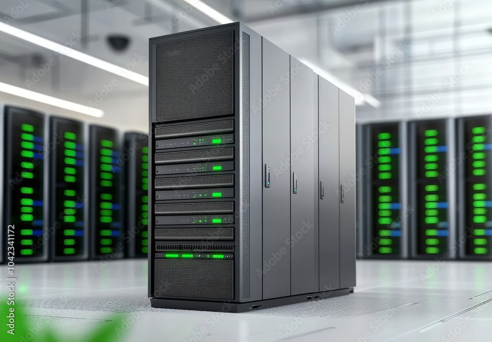 Poster an image of the data center, showing rows of server hardware
