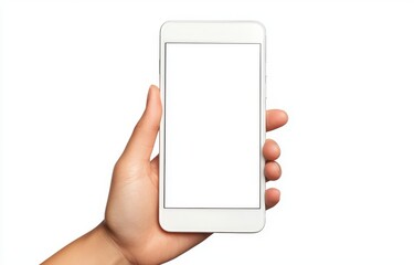 White smart phone in man's hand horizontally. White screen isolated for mockup.