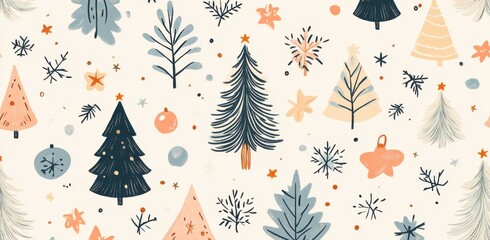 Seamless pattern of hand-drawn Christmas trees and festive decorations with a whimsical holiday spirit