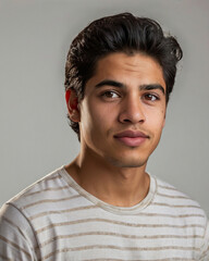 Obraz premium Latin American young man with an athletic build posing confidently against a plain white background