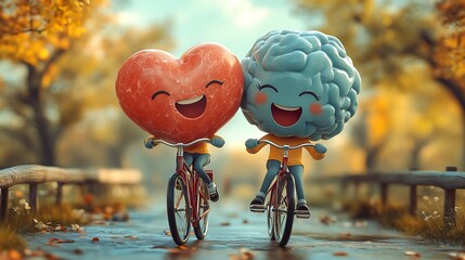 A heart and brain riding bicycles, symbolizing harmony between emotions and logic.