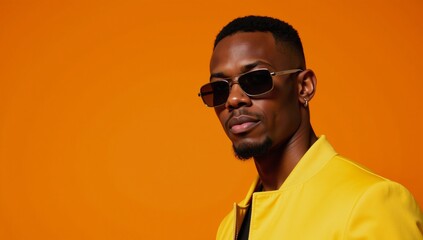 Obraz premium An African American man is stylishly depicted wearing sunglasses and a yellow jacket against an orange background