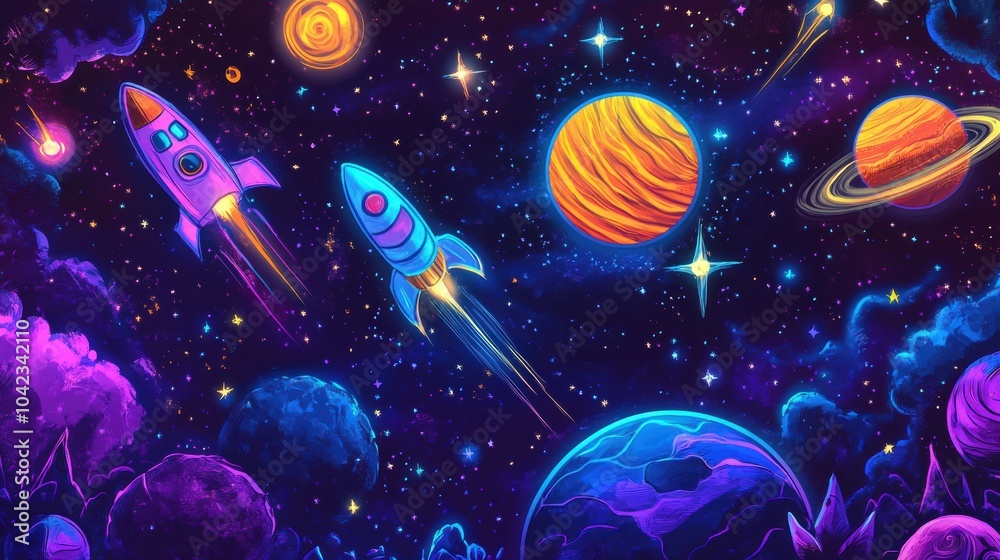 Poster Vivid cosmic doodles showcase rockets, planets, and stars floating through a striking outer space background alive with color. Generative AI