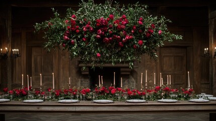 A lavish banquet table is beautifully set with red roses and lit candles, creating an enchanting atmosphere in a rustic dining room with wooden features
