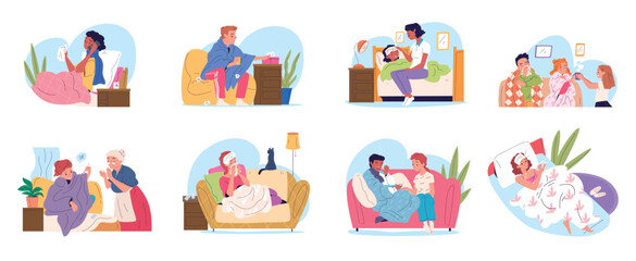 Fototapeta premium Sick recovered people. Ill family influenza home treatment recovering, weak coldness woman sickness man on couch sofa bed flu cold fever sneeze rhinitis, classy vector illustration