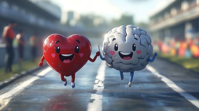 Cute animated heart and brain running together on a sunny day. Symbolizing emotional and rational balance