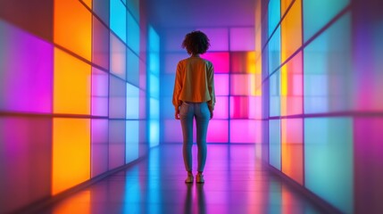 A person stands in a vibrant corridor of colorful, illuminated panels, AI