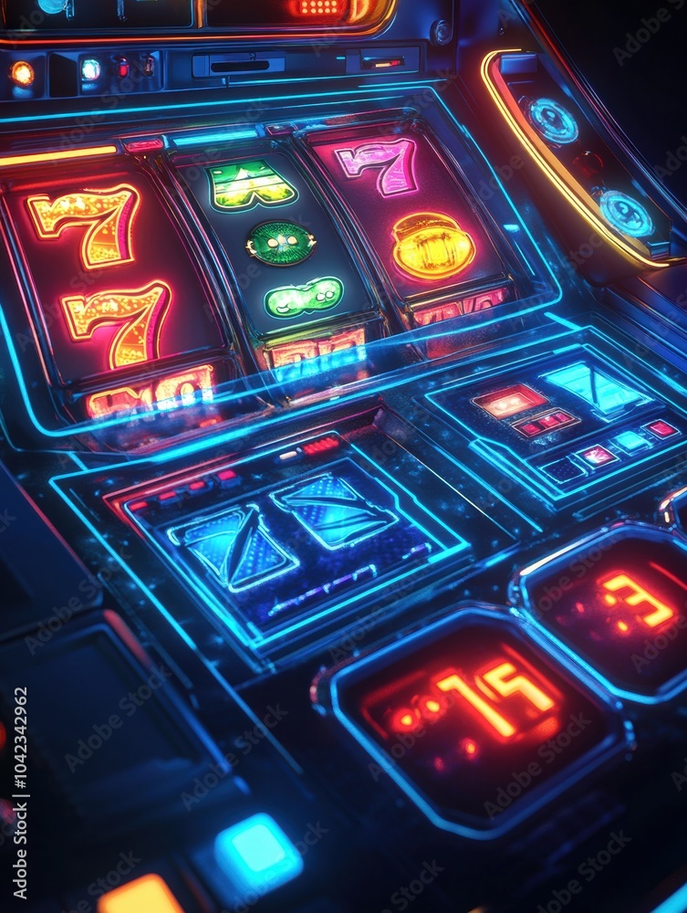 Poster The slot machine features glowing reels showcasing classic symbols as players eagerly await their spins in a lively atmosphere. Generative AI
