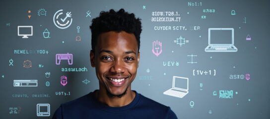 A digital art illustration showcases an African-American IT student excelling in coding cybersecurity AI and computer science  dreamy  abstract patterned for online learning