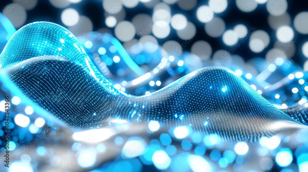 Poster the wave of particles is formed by an abstract particle. the data visualization is backed by an abst