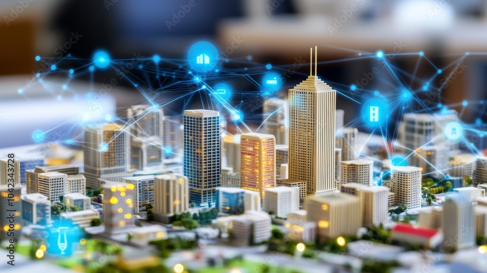 Poster creating a 3d rendering of a futuristic city with data in the background