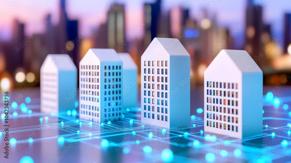Poster digital rendering of a futuristic city with data in 3d