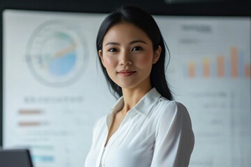 Woman with black hair, wearing a white blouse, presenting a graph in meeting room, confident look, front view 1