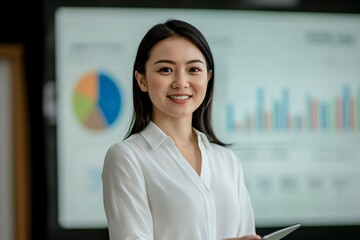 Woman with black hair, wearing a white blouse, presenting a graph in meeting room, confident look, front view 2