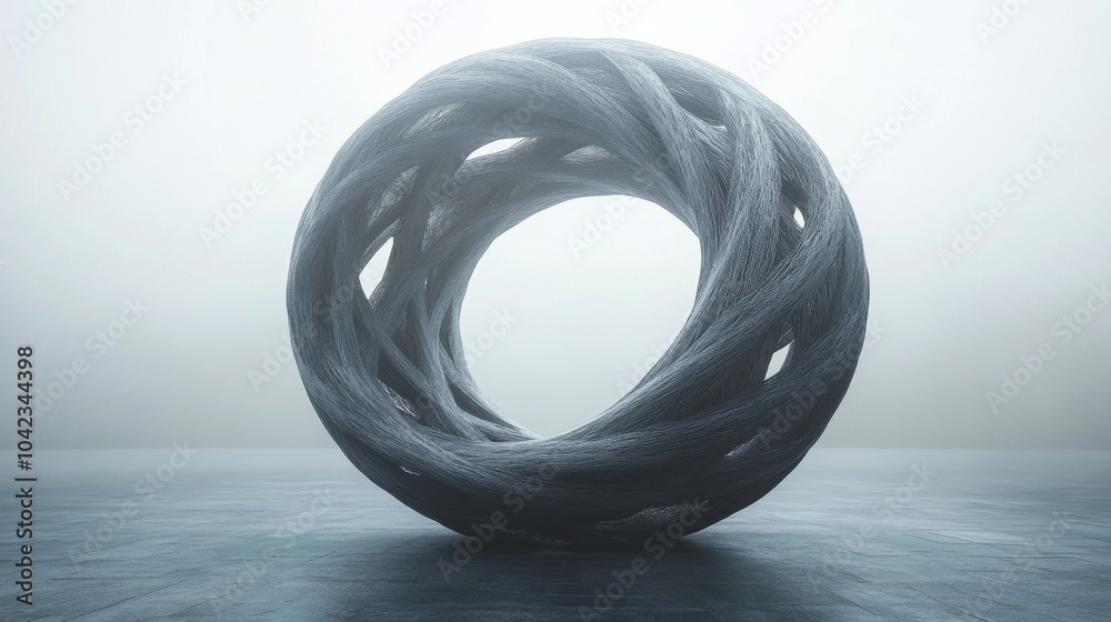 Poster A striking abstract sculpture forms a twisted ring, crafted from textured material. It stands prominently in a misty environment, emphasizing its unique shapes.