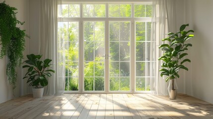 A bright and airy room with large windows and wooden floors. The sun shines through the sheer curtains, casting warm light on the plants.