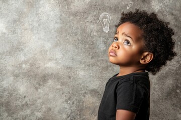 Brainstorming and idea concept of a thinking boy on black background.
